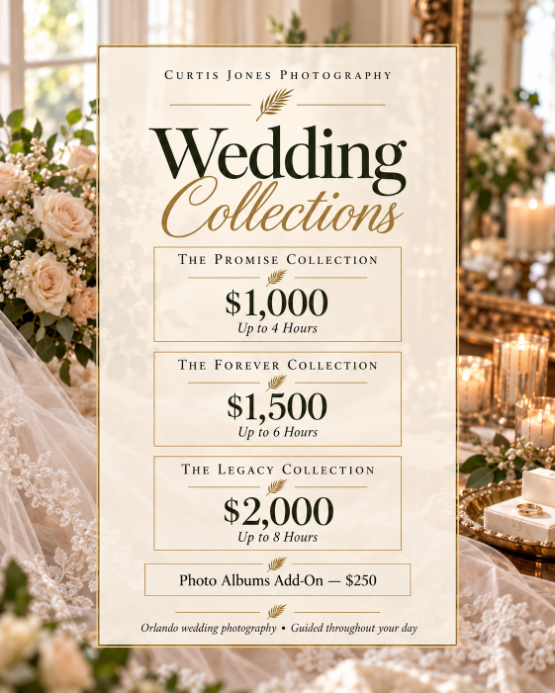 Price list for Curtis Jones Photography wedding packages, ranging from $1,000 to $2,000 for 4 to 8 hours of coverage, with a $250 photo album add-on available.